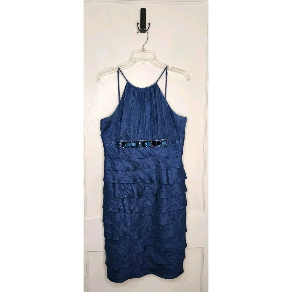 Adrianna Papell Dark Blue Iridescent Jeweled Tiered Skirt Cocktail Dress Size 14